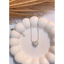 Gümüş / Silver Renk Zirkon Taşlı Kalp Figürlü 316l Çelik Kolye