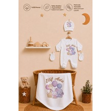 Pia Baby Yeni Doğan Kız Bebek 4 Parça Hastane Çıkışı Seti %100 Pamuk Kişiye Özel İsimli Battaniyeli Tulum Set 2054bt3x Ekru