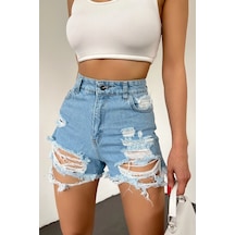 Buz Mavisi Yıkamalı Lazer Yırtıklı Mini Denim Şort Çok Renkli