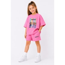 Fasardi Manifest Girls M6nifestgirls Baskılı Oversize %100 Pamuk Tişört Şort 2li Çocuk Takım Pembe