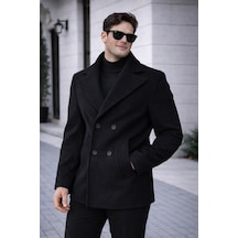 Erkek Casual Kruvaze Midi Boy Kaşe Kaban - Modern Kesim Siyah Kaşe