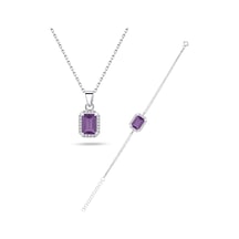 Brezza Lusso Jewelry 925 Ayar Gümüş Ametist Taşlı Baget Kadın Kolye Bileklik Set 42900802