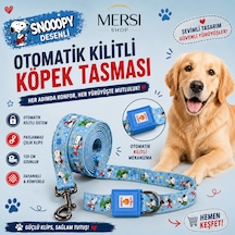 Snoopy Desenli Otomatik Kilitli Köpek Gezdirme Tasması 120 Cm Paslanmaz Çelik Klipsli Pet Tasma Açık Mavi