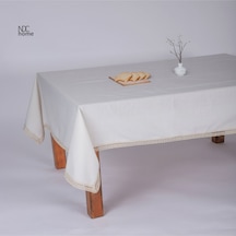 Dnc Home Tekstil  Organik Ham Keten Krem Pasalı Saçaklı Masa Örtüsü 001