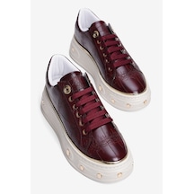 Mubiano Kadın Kroko Desenli Sneaker Kalın Tabanlı Bağcıklı Gold Detaylı Vika Bordo Bordo Krokodil
