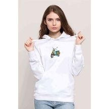 Art Vespa Illustration On Baskılı Beyaz Kadın Kapşonlu Sweatshir