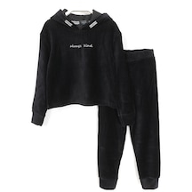Dobakids Fitilli Kadife Nakışlı Kapüşonlu Crop Kız Çocuk Spor Takım 2004 Siyah