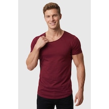 Deepsea Erkek Bordo Geniş Yaka Likralı Tişört Oval Yaka Slim Fit Eteği Oval Açık Yaka T-shirt 1801199 Bordo