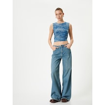 Koton Denim Görünümlü Üst Crop Büzgülü Bisiklet Yaka Mavi Desenli 4sak10354ek Mavi