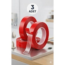 3 Adet Güçlü Şeffaf Çift Taraflı Bant - Silikon Akrilik Montaj Bandı 3'lü Paket