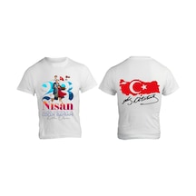 Alpşan Ticaret 23 Nisan Baskılı Unisex Çocuk/yetişkin Tişört Çift Taraflı Baskı Çocuk Bayramı T-shirt 37 Beyaz