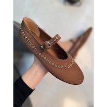 Günlük Süet Kadın Babet Bantlı Lastik Tokalı Zımbalı Metal Halka Detaylı Hafif Rahat Ayakkabı 305 Taba