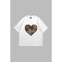 Startmore Kalp Leopar Baskılı 24/1 Oversize Unisex Beyaz Beyaz