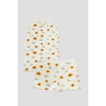 Defne Baby Kız Çocuk Premium Pamuklu Ayçiçeği Desenli Penye Atlet & Boxer Takımı Beyaz
