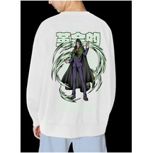 Unisex Beyaz Dragon Baskılı Hoodie Oversize Kapşonsuz Sweatshirt