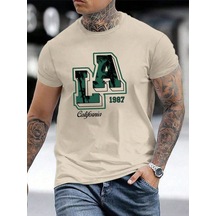 T-shirt - La 1987 Baskılı Oversize Bisiklet Yaka Kısa Kol Tişört Bej