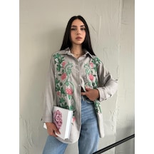 Nakışlı Sarmaşık Desenli Keten Kadın Gömlek 001