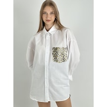 Miss Poem Kadın Leopar Varaklı Cep Detaylı Oversize Gömlek - Beyaz Beyaz