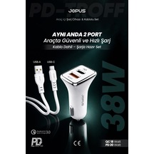 Jopus Type-C Kablolu Araç Şarj Aleti Çakmaklık Seti - Type-C + USB Girişli 38W JO-A7