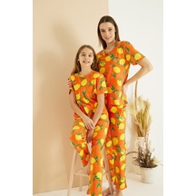 Siyah İnci Pamuklu Bisiklet Yaka Örme Pijama Takım25107130 Turuncu