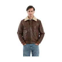M M Marki Marki Deri Pilot Mont - Kahverengi, Beyaz Kürklü Yaka, Çıkma Kürk, Fermuarlı - 503022