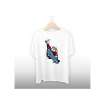 Noel Baba Kaykay Detaylı Unisex Tişört Beyaz