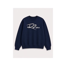 Herkesemoda Relax Yazılı Baskı Detaylı Şardonlu 2 İplik Bisiklet Yaka Sweatshirt Lacivert