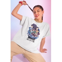 Sevbano Demon Slayer Kimetsu No Yaiba Baskılı Unisex Oversize Anime Dizi Beyaz