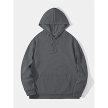 Erkek 3 İplik Pamuklu Kapüşonlu Kanguru Cepli Sweatshirt Hoodie - Füme