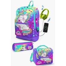 Coral High Kids Lavanta Su Yeşili Unicorn Desenli Usb'li 3 Lü Okul Çanta Seti Set0123829 Çok Renkli