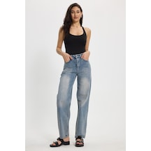 Tudors Kadın Relax Fit Rahat Kesim %100 Pamuk Cepli Geniş Paça Mavi Jean Kot Pantolon-50733