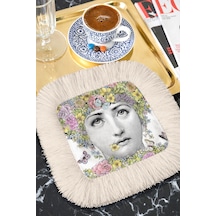 Çiçekli Portre Püsküllü Sunum Peçetesi - Vintage Bohem Pastel Krem Bardak Altlığı Mendil Sisli Açık Hardal