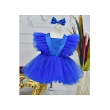 Kız Çocuk Saks Mavisi Kelebek Kabarık Elbise