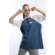 Kadın Oversize Fit Reglan Kol Basic Tişört İndigo