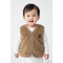 Babyden's Welsoft Erkek Bebek Çocuk Çıtçıtlı Yelek Ayıcık Armalı, Yumuşak Peluş Bebek Yeleği Kahverengi