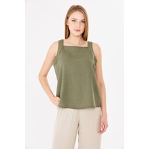Sortie Collection Geniş Askılı Kare Yaka Haki Keten Bluz