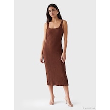 Lcw Vision Kahverengi Kare Yaka Dokulu Bodycon Elbise