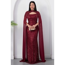 Kalopya Straplez Yaka Boncuklu Şall Detay Elbise Etk503 Bordo