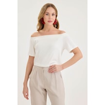 Vitrin Kayık Yaka Crop Bluz Ekru