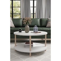 Alpaevmobilya Modern Yuvarlak Orta Sehpa 60 Cm 2 Raflı Ahşap Ayaklı Çok Amaçlı Organizer Sehpa Beyaz