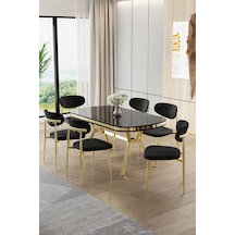 Canisa Olya Serisi 90x168 Lak Panel Sonata Masa Takımı Gold Ayaklı 6 Siyah Sandalye Sonata Masa Siyah Sandalye