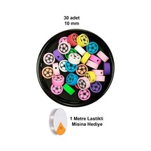 30 Adet 10 Mm Polimer Kil Fimo Boncuk Takı Bileklik + 1 Metre Lastikli Misina  - Renkli Çiçek