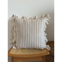 Yıkanmış Keten Bej Çizgili Bohem Fırfırlı Kırlent Kılıfı - Gri