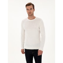 Cacharel Ekru Slim Fit Pamuk Karışımlı Bisiklet Yaka Triko Kazak Bej