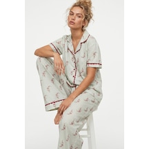 Siyah İnci İnce Soft Örme Düğmeli Dantel Biyeli Pijama Takımı 8061 Yeşil Çiçek