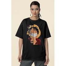 Sevbano Tasarım Monkey D. Luffy Baskılı Unisex Oversize Anime Dizi Karakt Siyah