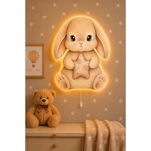Ahşap Tavşan Ledli Gece Lambası Bebek Çocuk Odası-yıldız Sticker Hediyeli Beyaz
