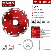 Sara S517 115 Mm Turbo Hassas Mermer Kesme Diski 1,2 22,23 Mm, Maksimum 13.200 Rpm