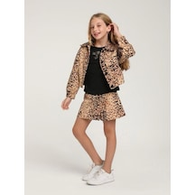 Kız Çocuk Leopar Desenli Şort Etek-15593 Kahverengi