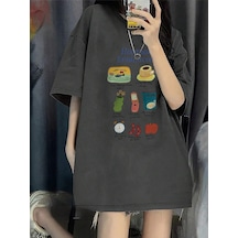 Noıssey Karikatür Ve Grafik Tasarım Oversize T-shirt Cartoon/letter Serisi Kod483 Koyu Gri